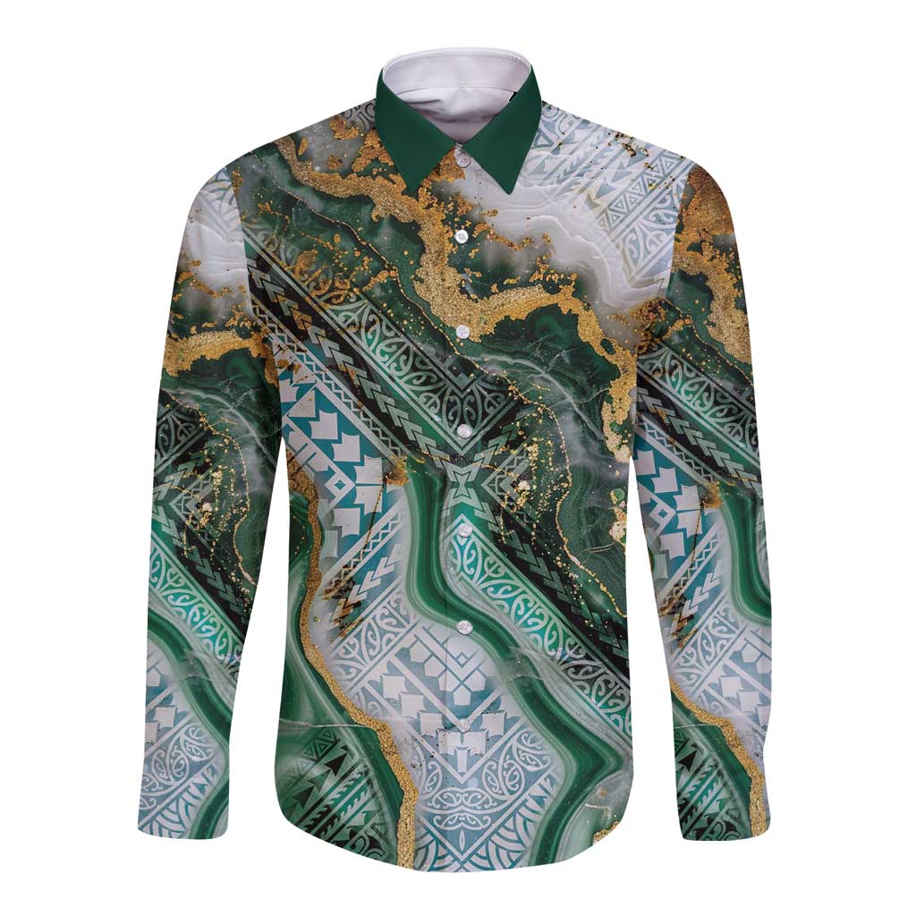 Polynesian Tribal Tattoo Long Sleeve Button Shirt Green Marble Pattern