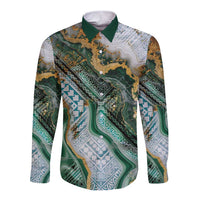 Polynesian Tribal Tattoo Long Sleeve Button Shirt Green Marble Pattern