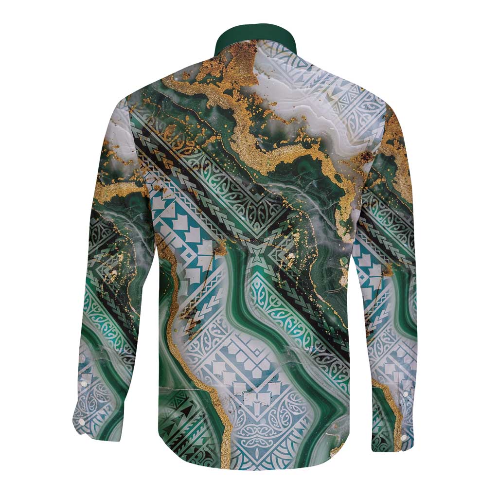 Polynesian Tribal Tattoo Long Sleeve Button Shirt Green Marble Pattern