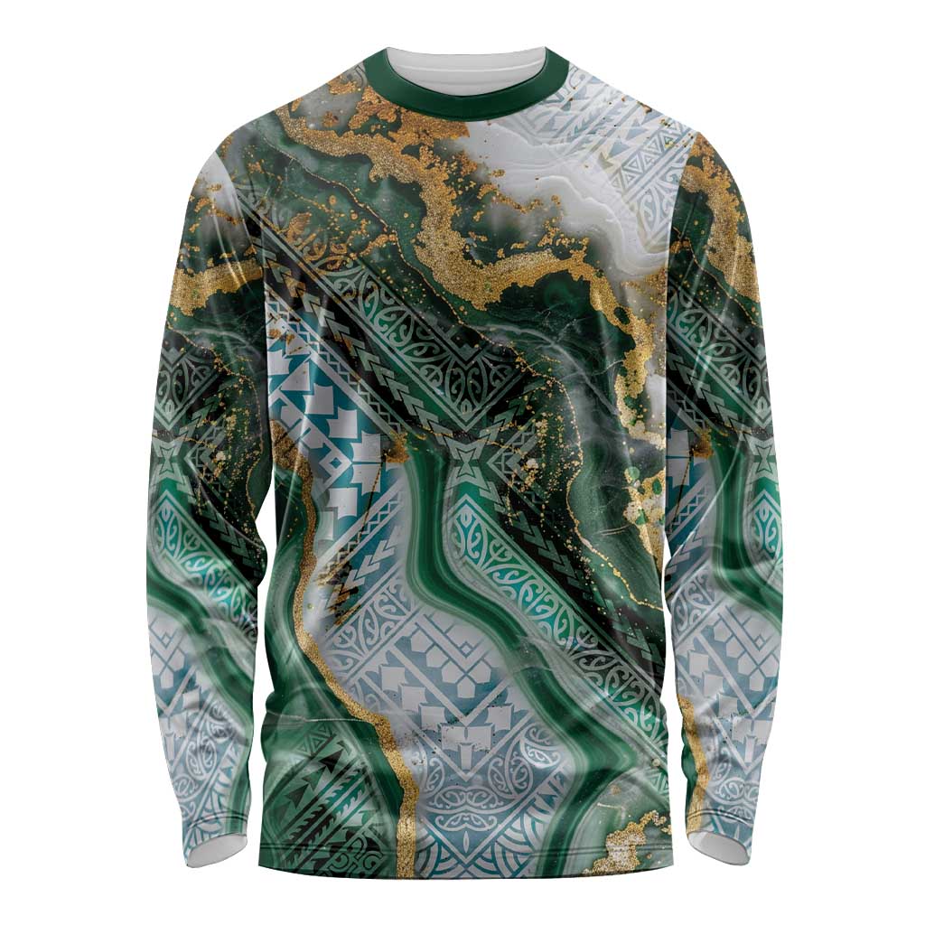 Polynesian Tribal Tattoo Long Sleeve Shirt Green Marble Pattern
