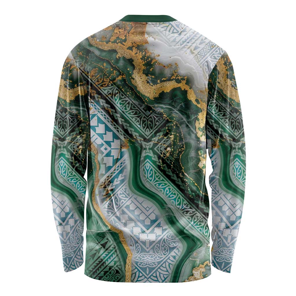 Polynesian Tribal Tattoo Long Sleeve Shirt Green Marble Pattern