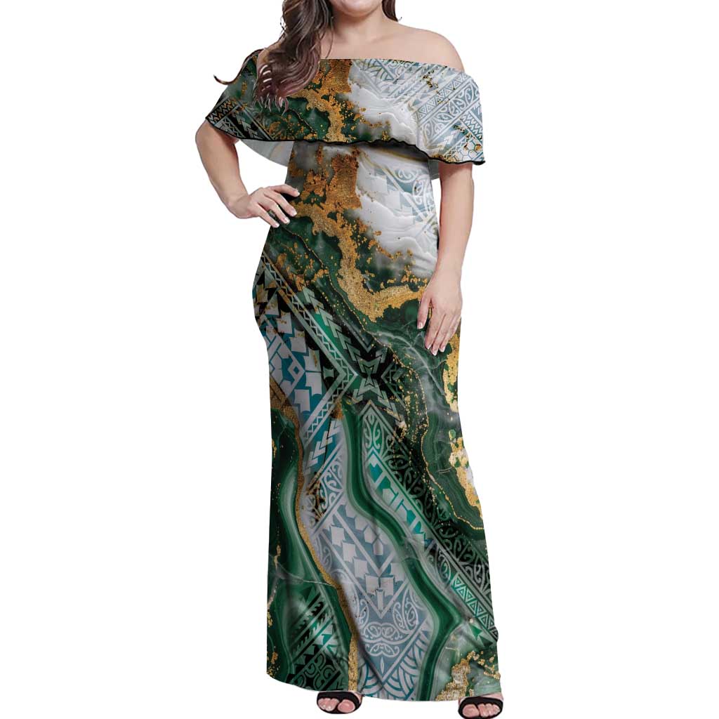Polynesian Tribal Tattoo Off Shoulder Maxi Dress Green Marble Pattern LT9 Women Green - Polynesian Pride