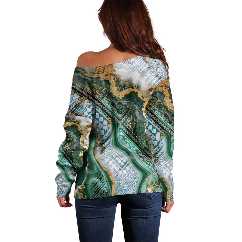 Polynesian Tribal Tattoo Off Shoulder Sweater Green Marble Pattern
