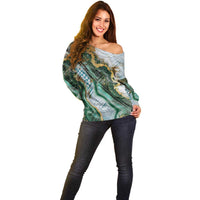 Polynesian Tribal Tattoo Off Shoulder Sweater Green Marble Pattern
