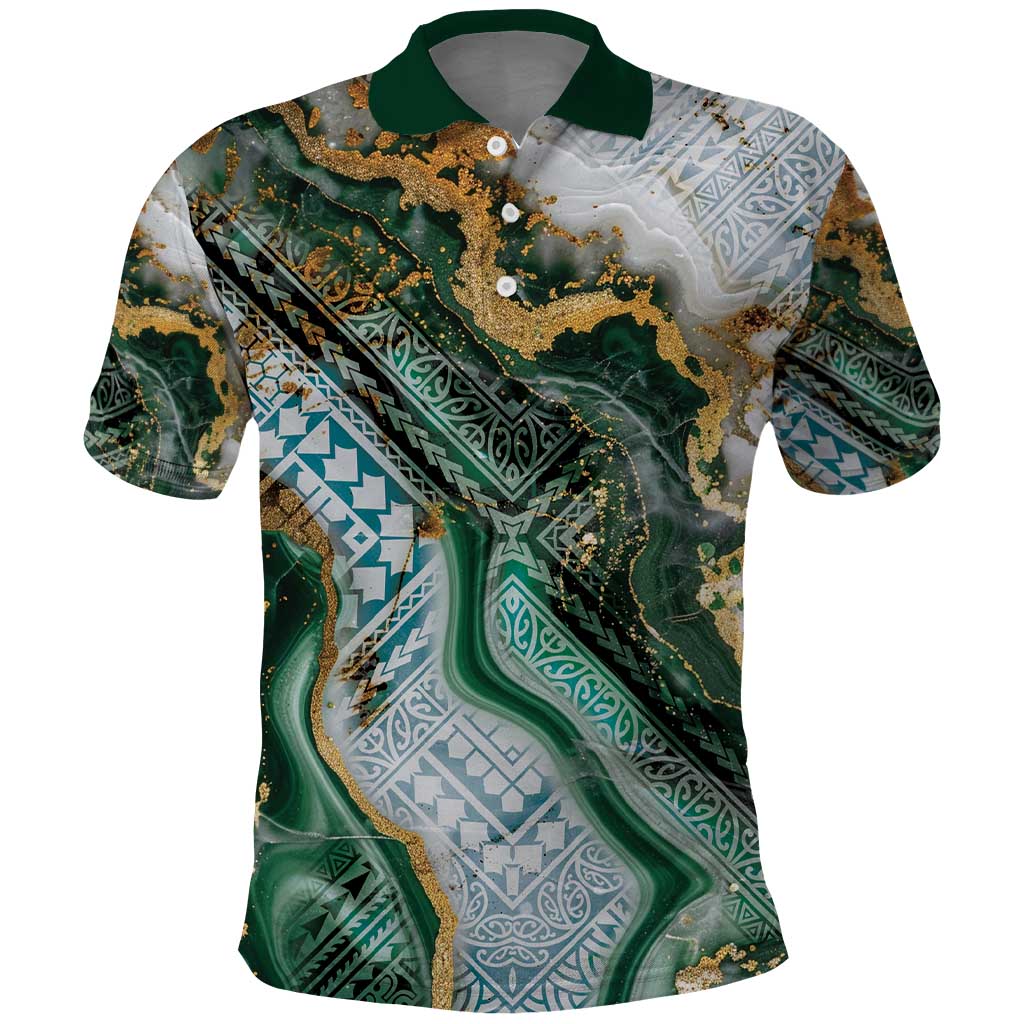 Polynesian Tribal Tattoo Polo Shirt Green Marble Pattern