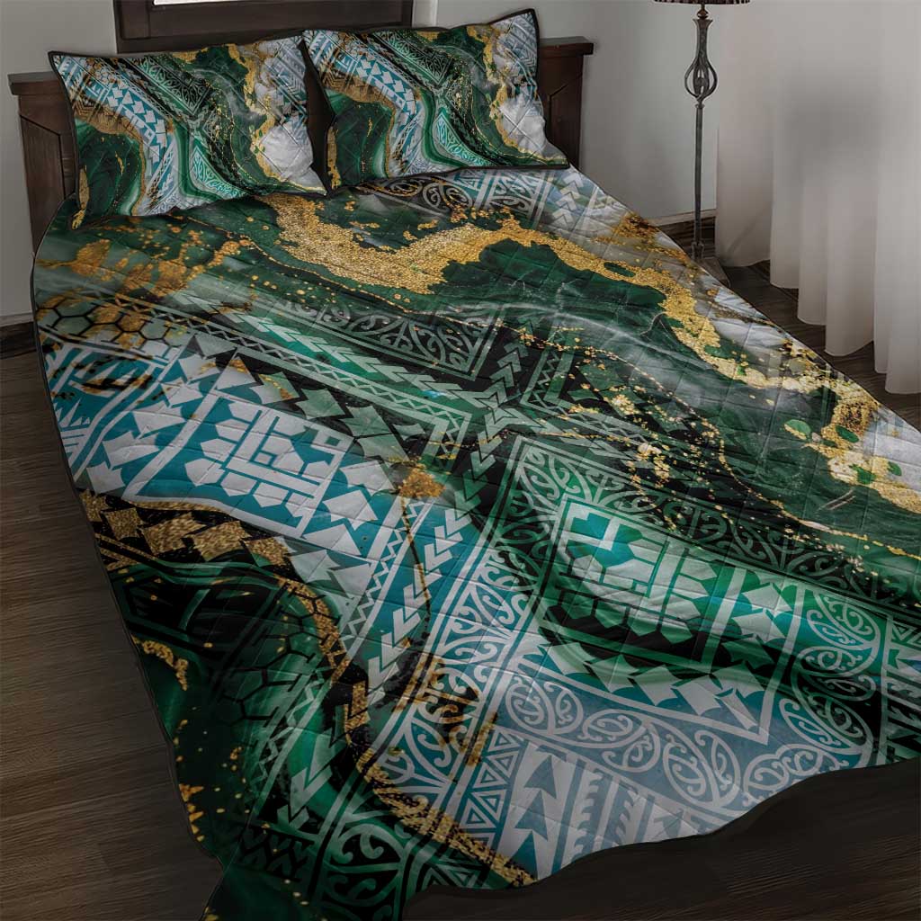 Polynesian Tribal Tattoo Quilt Bed Set Green Marble Pattern
