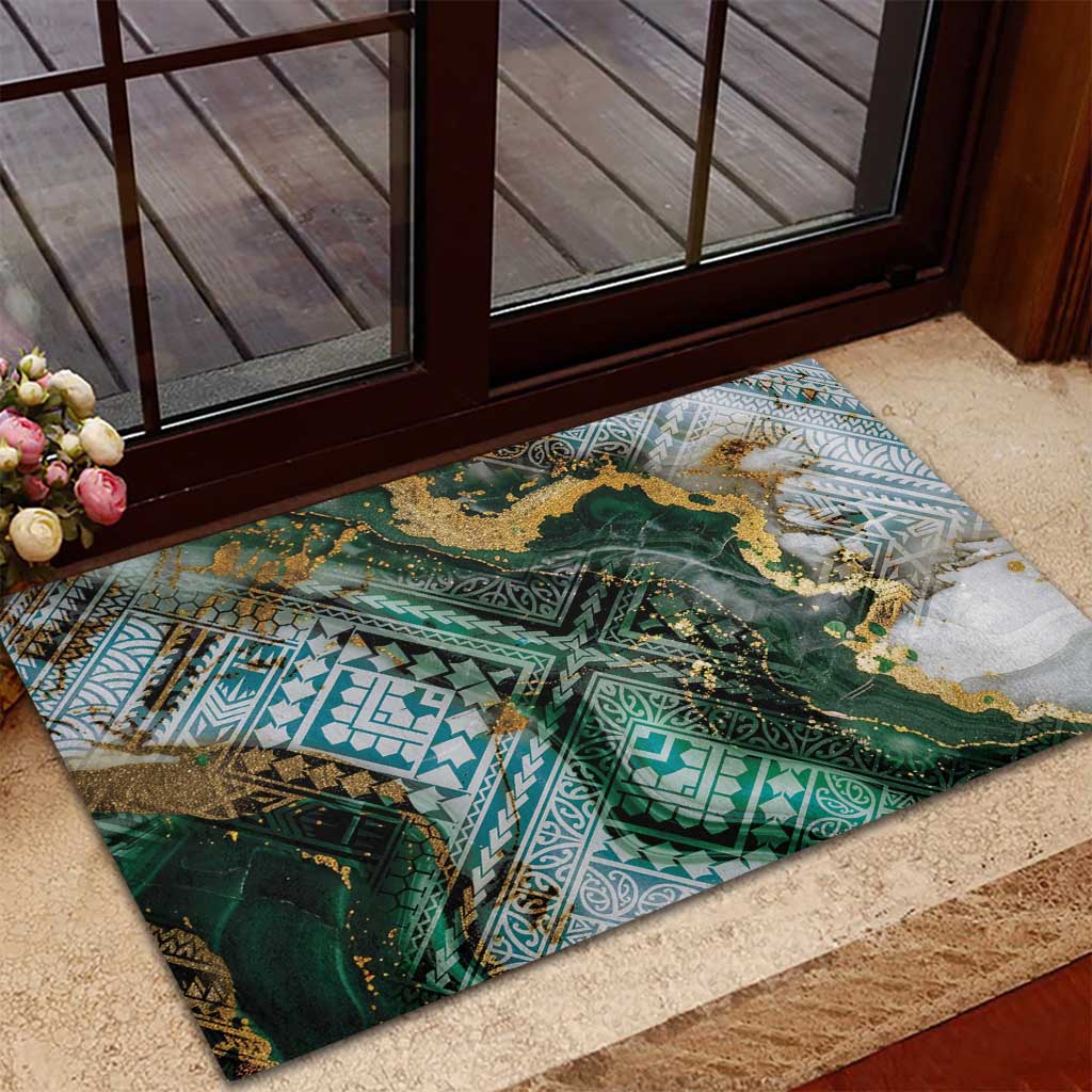 Polynesian Tribal Tattoo Rubber Doormat Green Marble Pattern