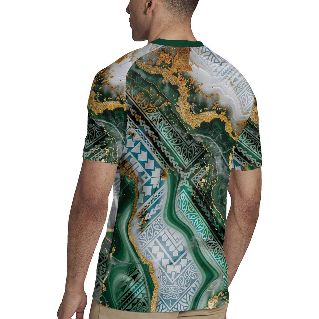 Polynesian Tribal Tattoo Rugby Jersey Green Marble Pattern