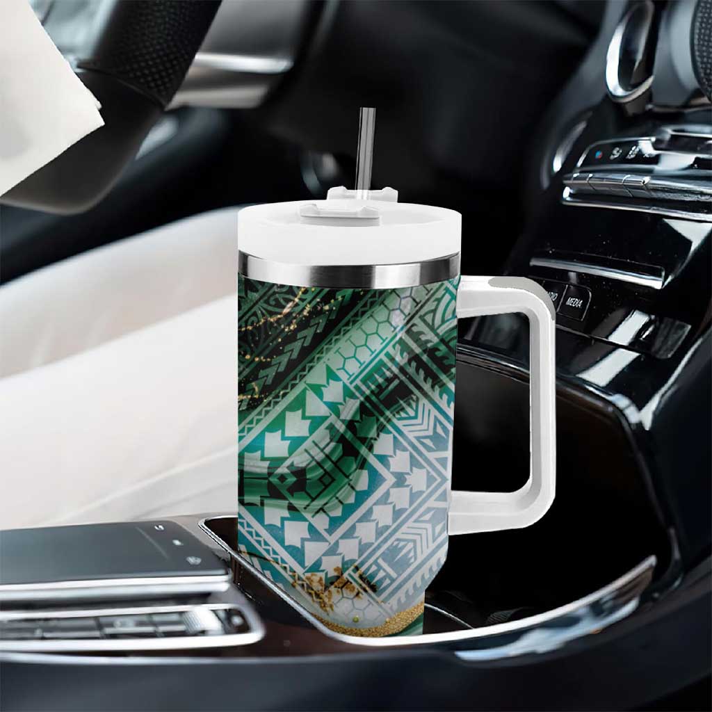 Polynesian Tribal Tattoo Tumbler With Handle Green Marble Pattern
