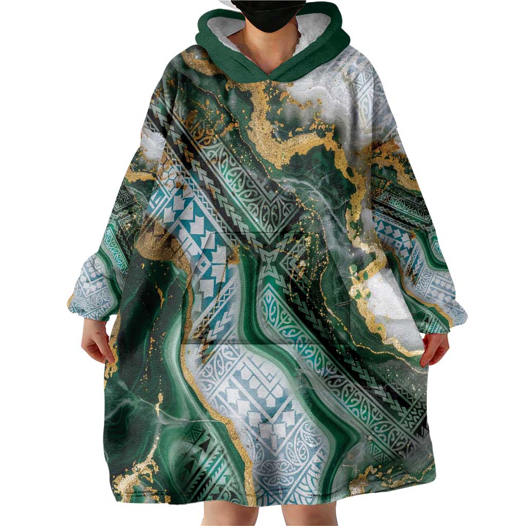 Polynesian Tribal Tattoo Wearable Blanket Hoodie Green Marble Pattern