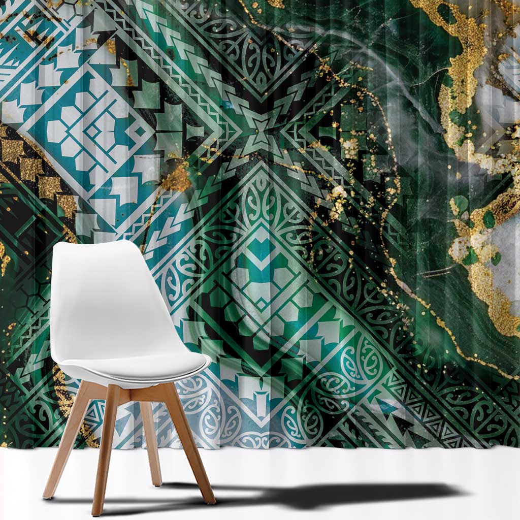 Polynesian Tribal Tattoo Window Curtain Green Marble Pattern