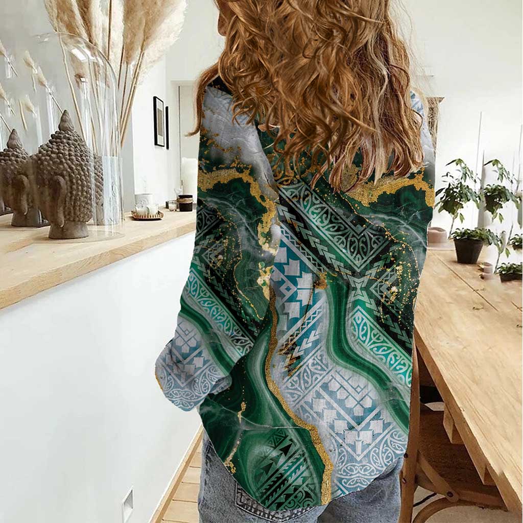 Polynesian Tribal Tattoo Women Casual Shirt Green Marble Pattern LT9 - Polynesian Pride