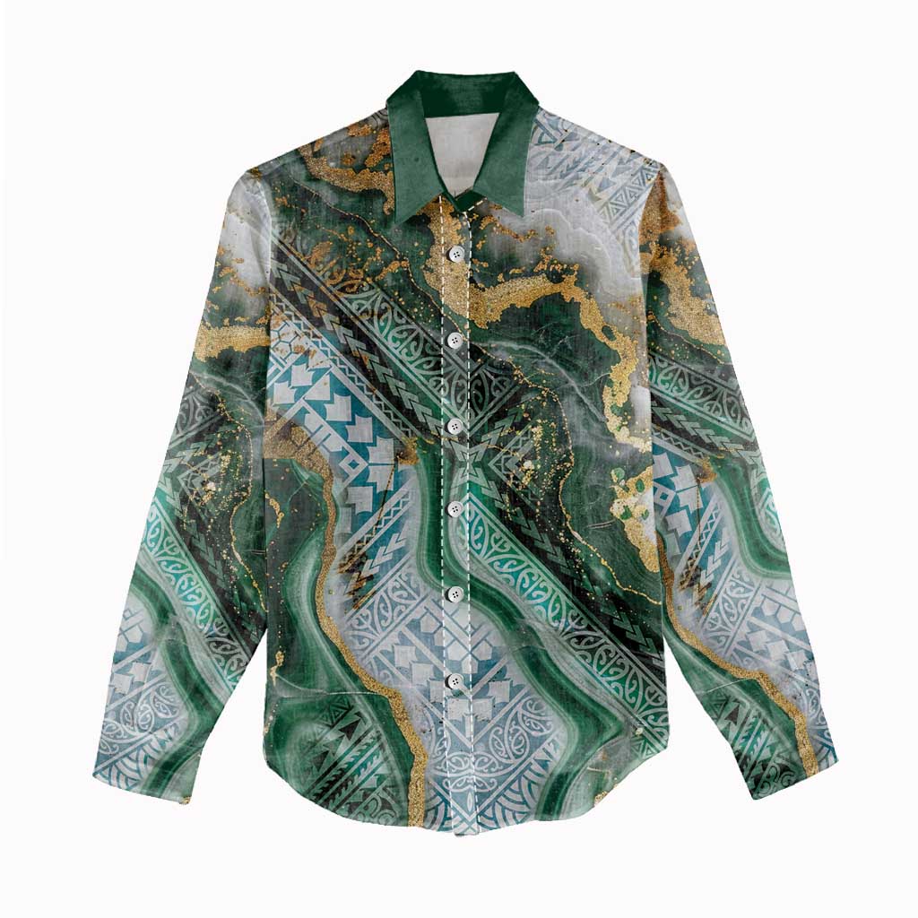 Polynesian Tribal Tattoo Women Casual Shirt Green Marble Pattern LT9 - Polynesian Pride