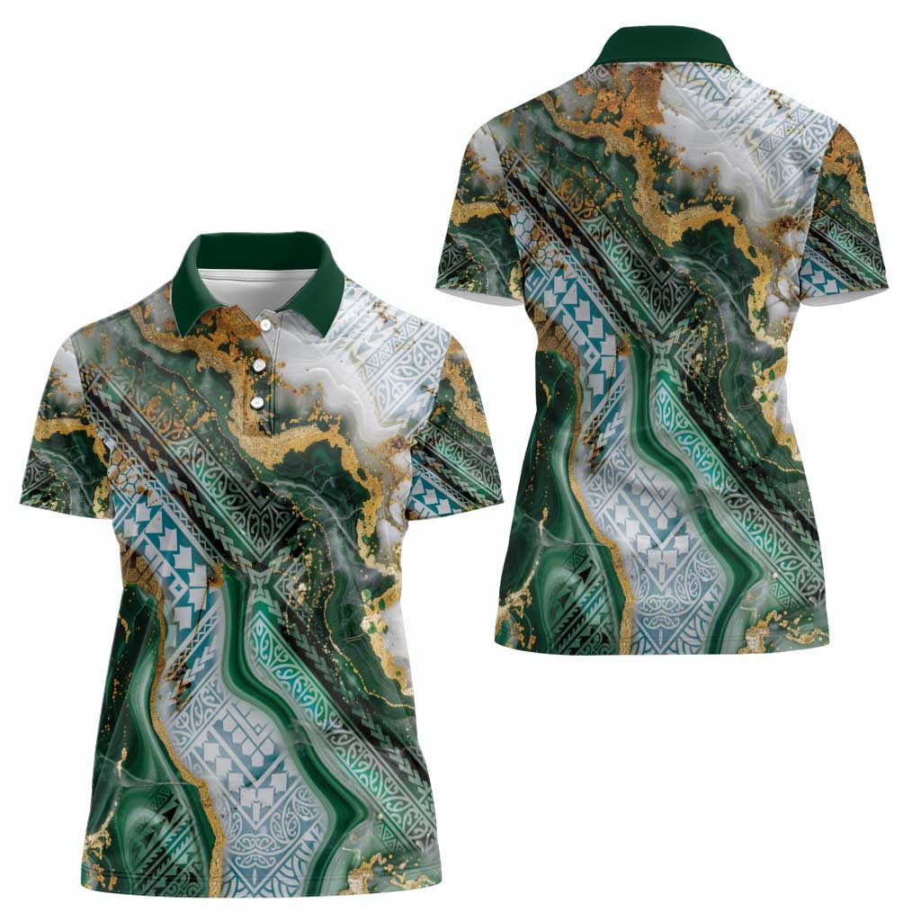 Polynesian Tribal Tattoo Women Polo Shirt Green Marble Pattern