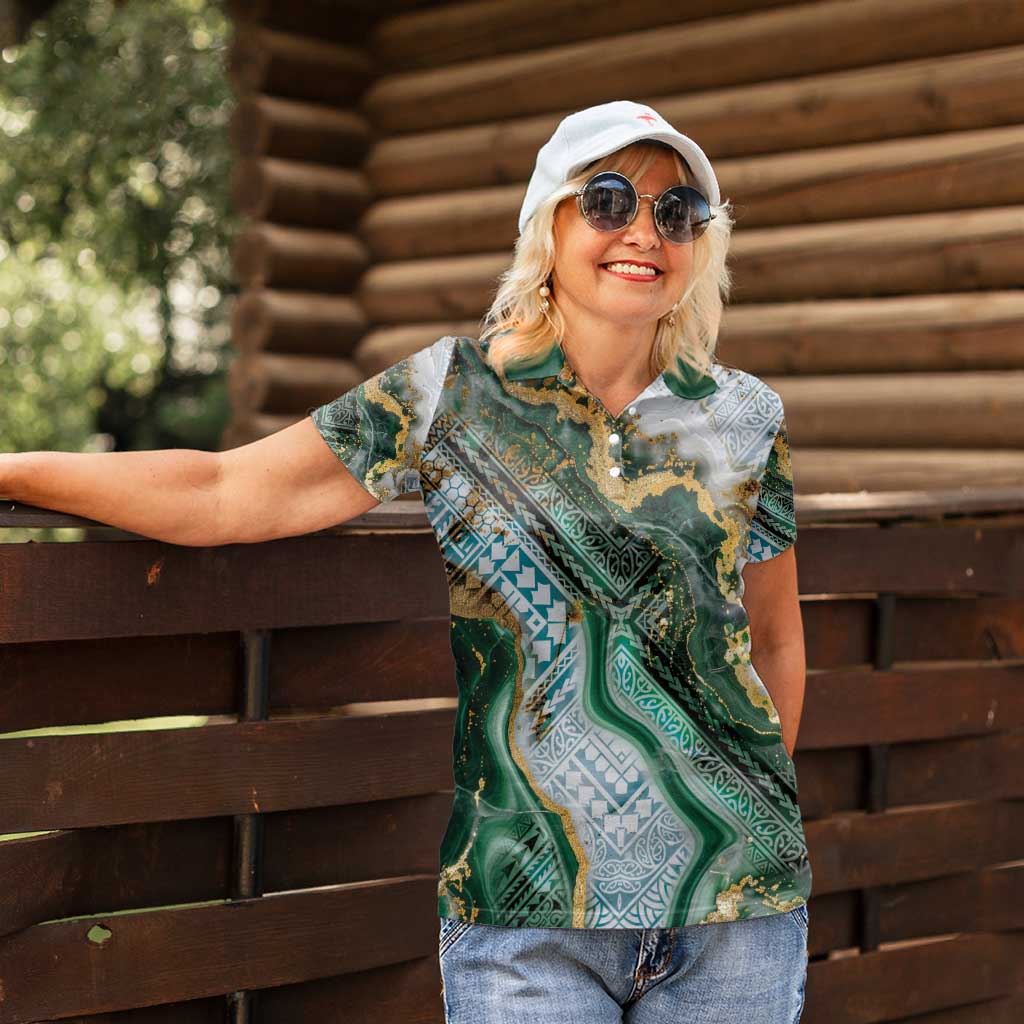 Polynesian Tribal Tattoo Women Polo Shirt Green Marble Pattern