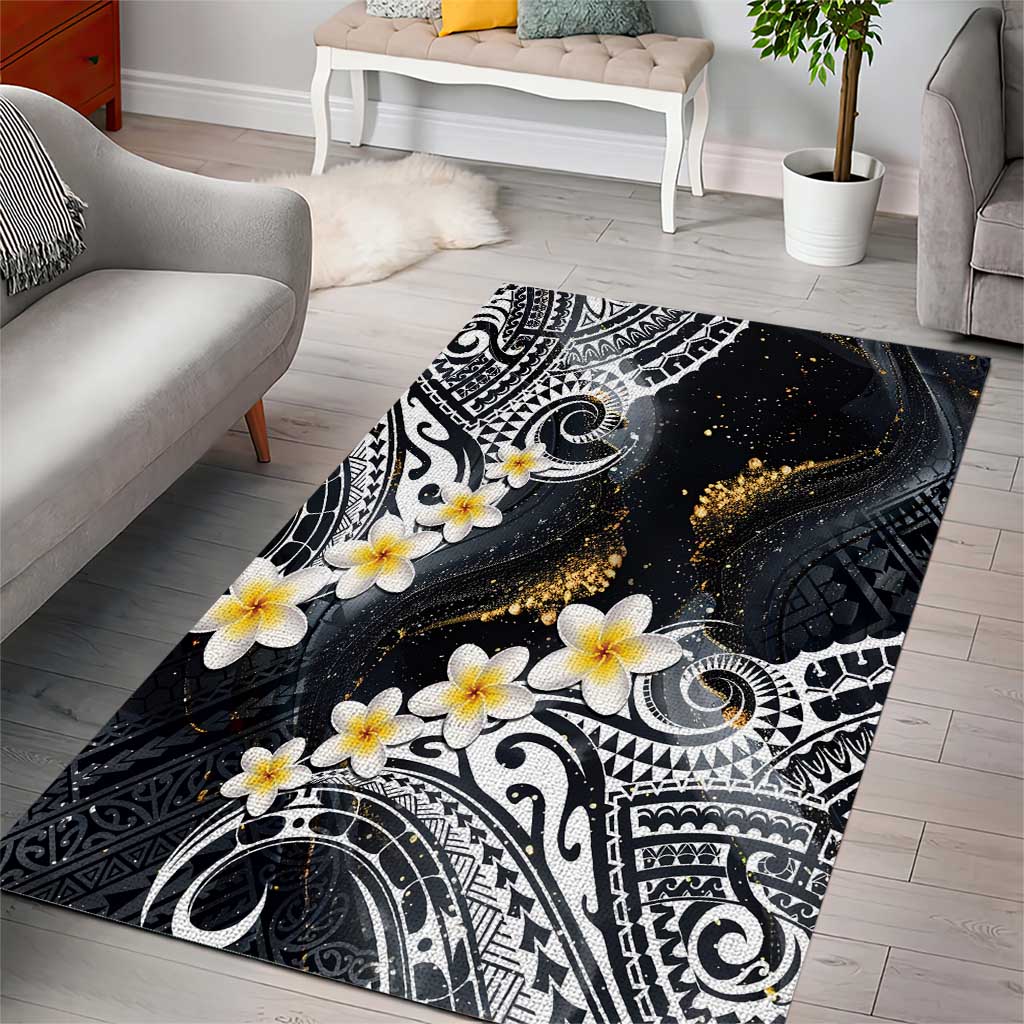 Polynesian Tribal Tattoo Area Rug Plumeria Black Gold Marble Pattern