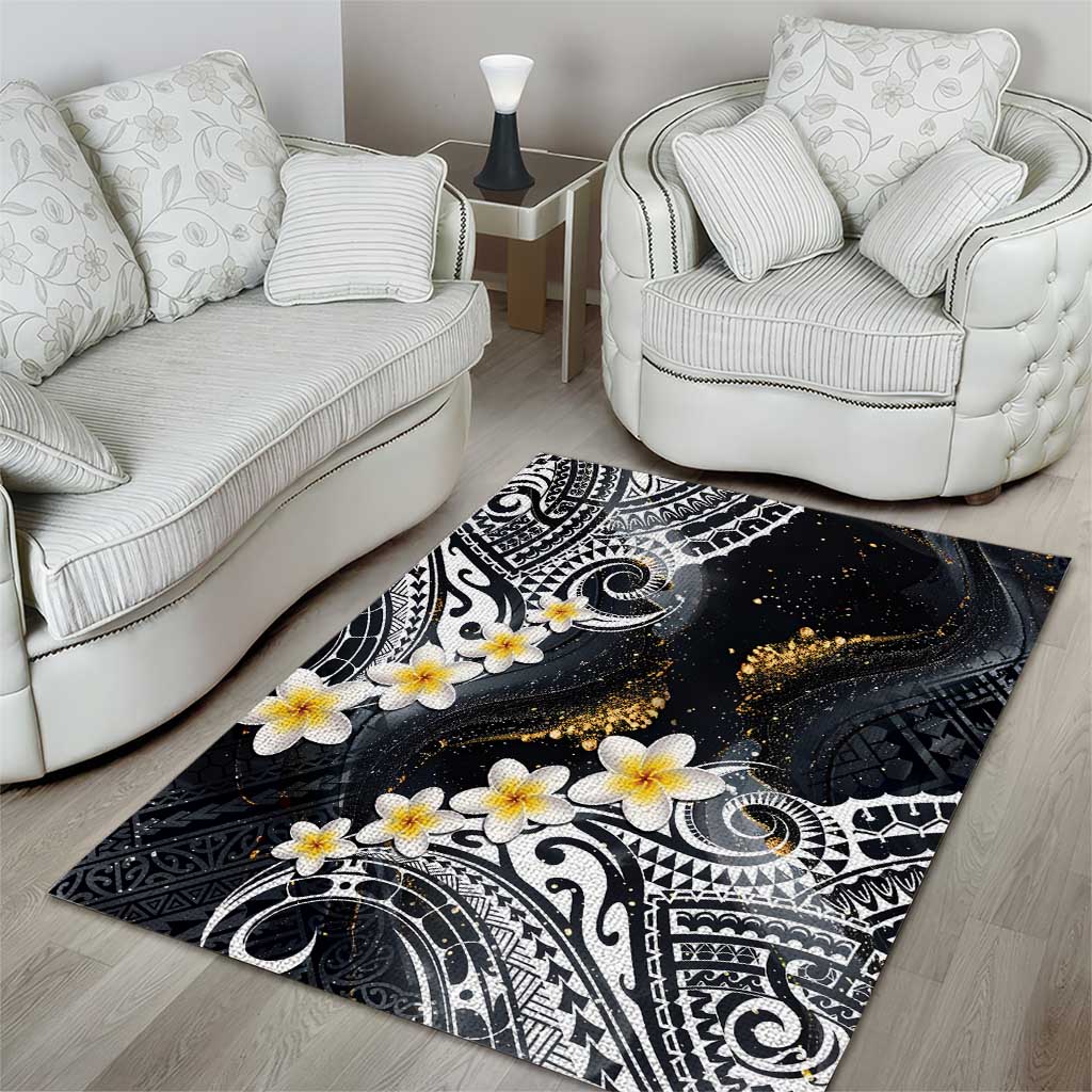 Polynesian Tribal Tattoo Area Rug Plumeria Black Gold Marble Pattern