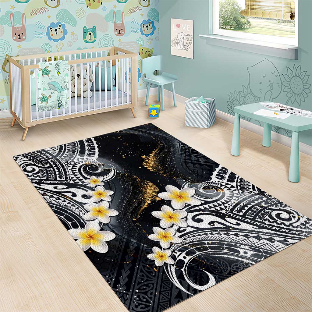 Polynesian Tribal Tattoo Area Rug Plumeria Black Gold Marble Pattern