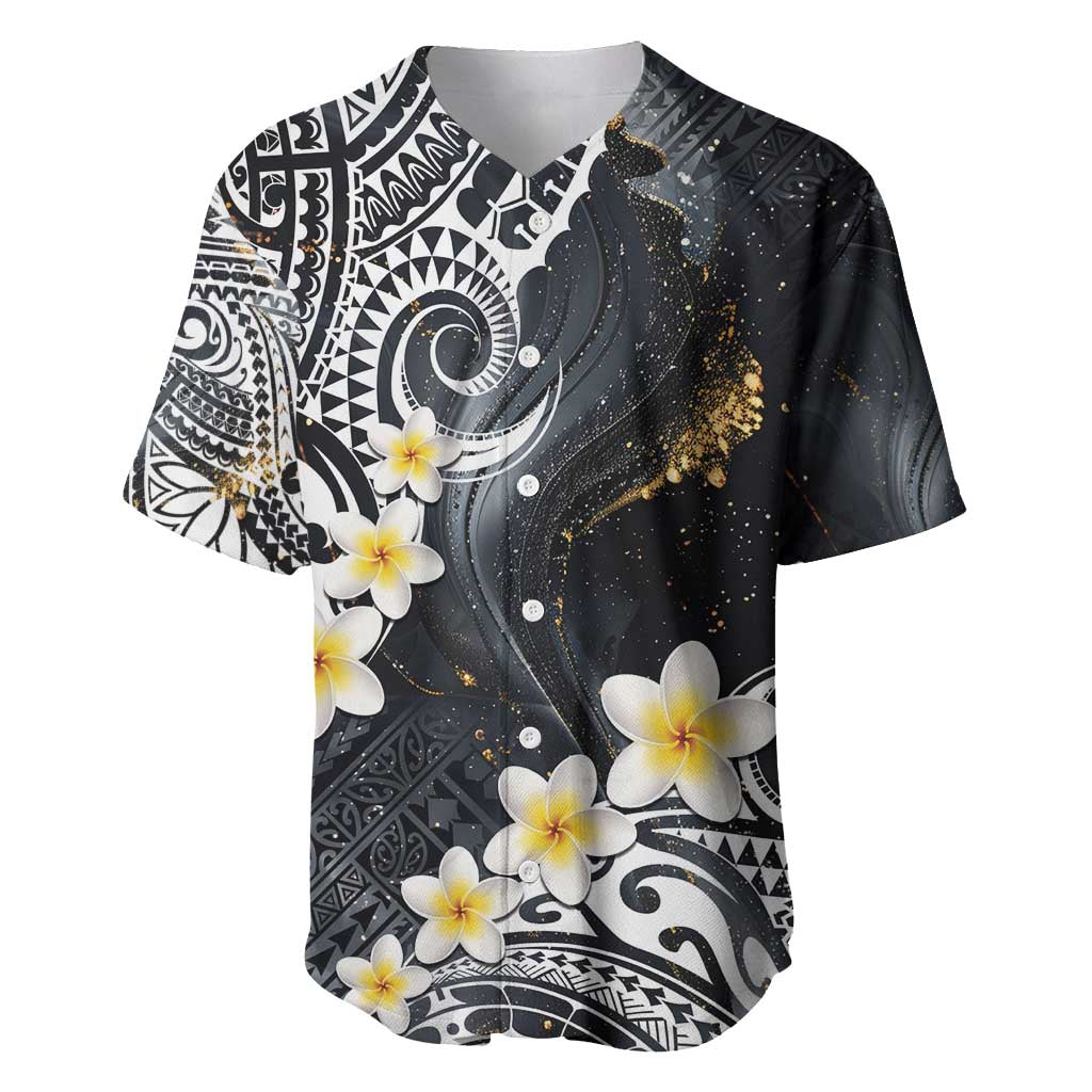 Polynesian Tribal Tattoo Baseball Jersey Plumeria Black Gold Marble Pattern LT9 Black - Polynesian Pride
