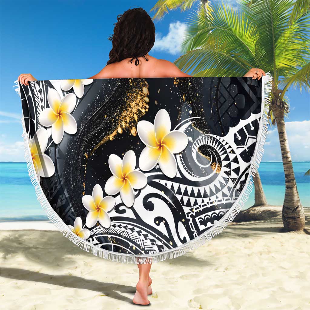 Polynesian Tribal Tattoo Beach Blanket Plumeria Black Gold Marble Pattern