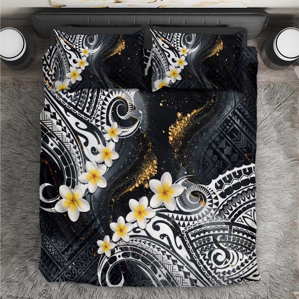 Polynesian Tribal Tattoo Bedding Set Plumeria Black Gold Marble Pattern