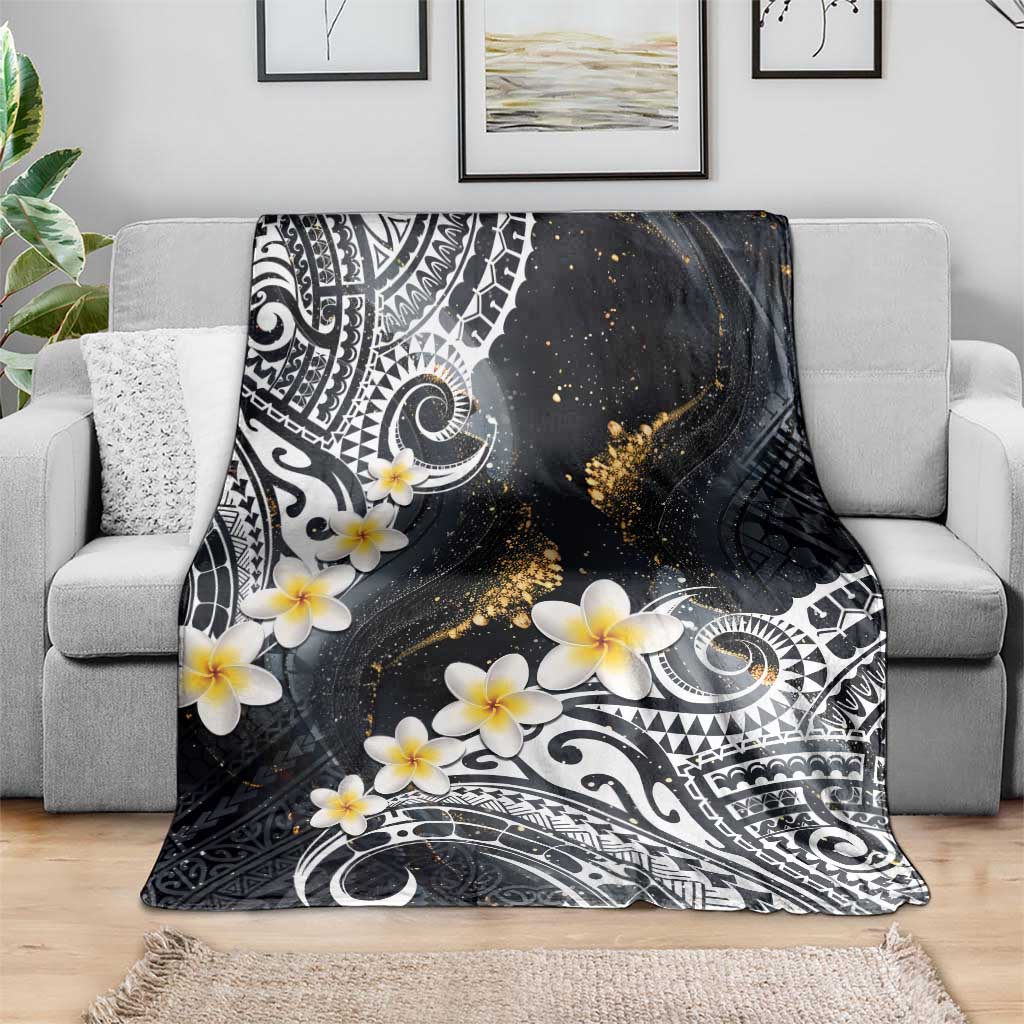 Polynesian Tribal Tattoo Blanket Plumeria Black Gold Marble Pattern