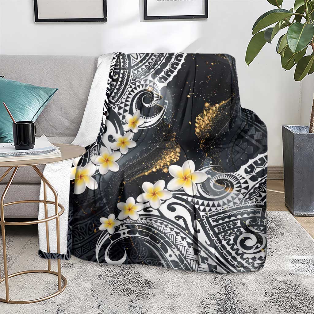 Polynesian Tribal Tattoo Blanket Plumeria Black Gold Marble Pattern