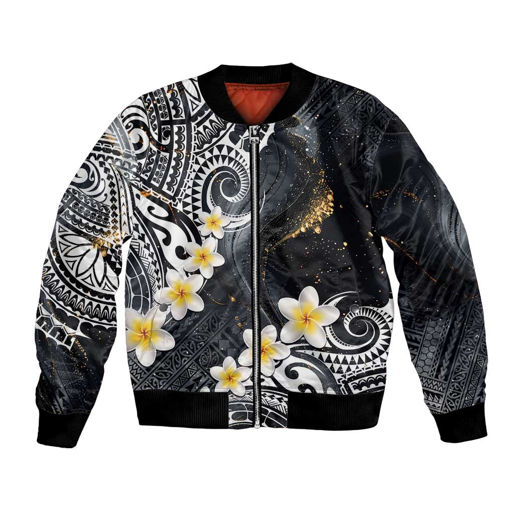 Polynesian Tribal Tattoo Bomber Jacket Plumeria Black Gold Marble Pattern
