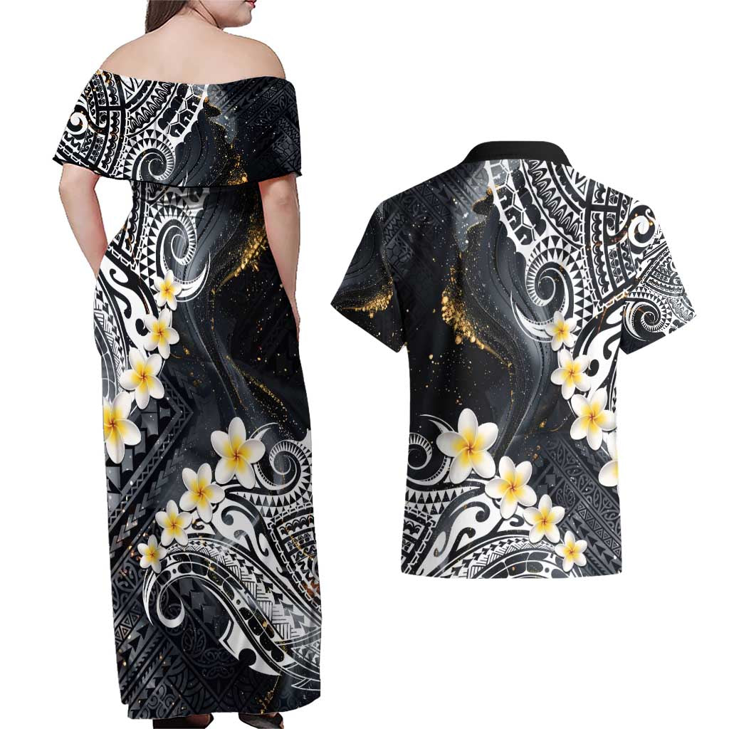 Polynesian Tribal Tattoo Couples Matching Off Shoulder Maxi Dress and Hawaiian Shirt Plumeria Black Gold Marble Pattern LT9 - Polynesian Pride