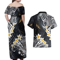 Polynesian Tribal Tattoo Couples Matching Off Shoulder Maxi Dress and Hawaiian Shirt Plumeria Black Gold Marble Pattern LT9 - Polynesian Pride
