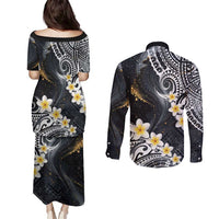 Polynesian Tribal Tattoo Couples Matching Puletasi and Long Sleeve Button Shirt Plumeria Black Gold Marble Pattern