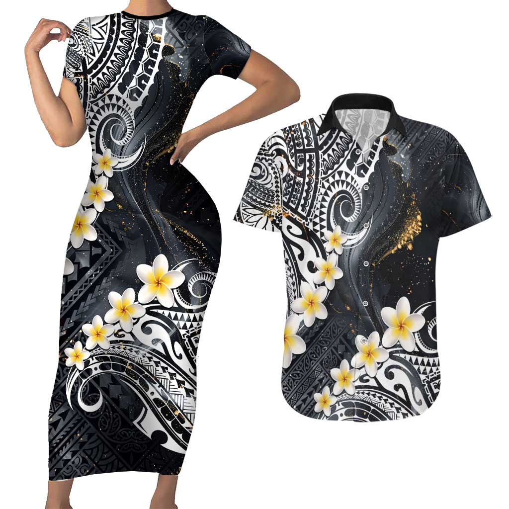 Polynesian Tribal Tattoo Couples Matching Short Sleeve Bodycon Dress and Hawaiian Shirt Plumeria Black Gold Marble Pattern LT9 Black - Polynesian Pride