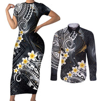 Polynesian Tribal Tattoo Couples Matching Short Sleeve Bodycon Dress and Long Sleeve Button Shirt Plumeria Black Gold Marble Pattern LT9 Black - Polynesian Pride