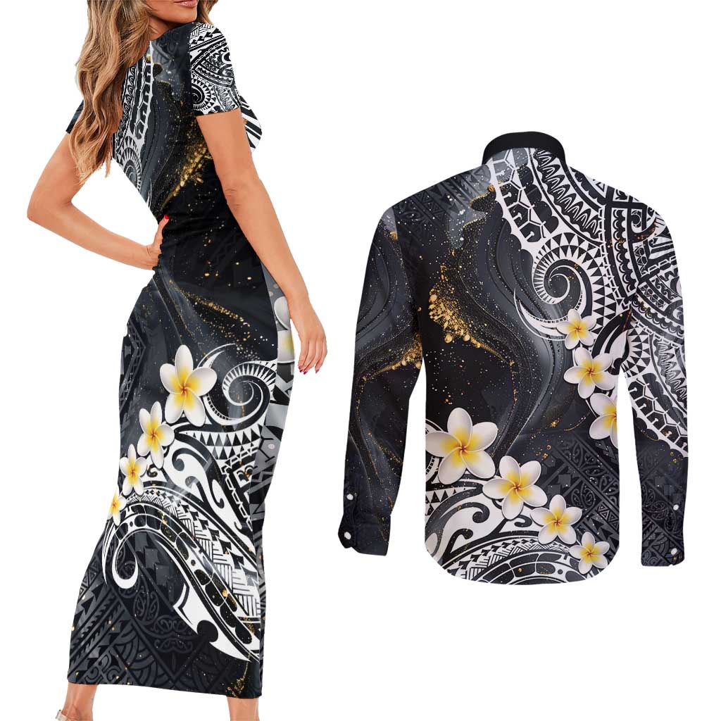 Polynesian Tribal Tattoo Couples Matching Short Sleeve Bodycon Dress and Long Sleeve Button Shirt Plumeria Black Gold Marble Pattern LT9 - Polynesian Pride