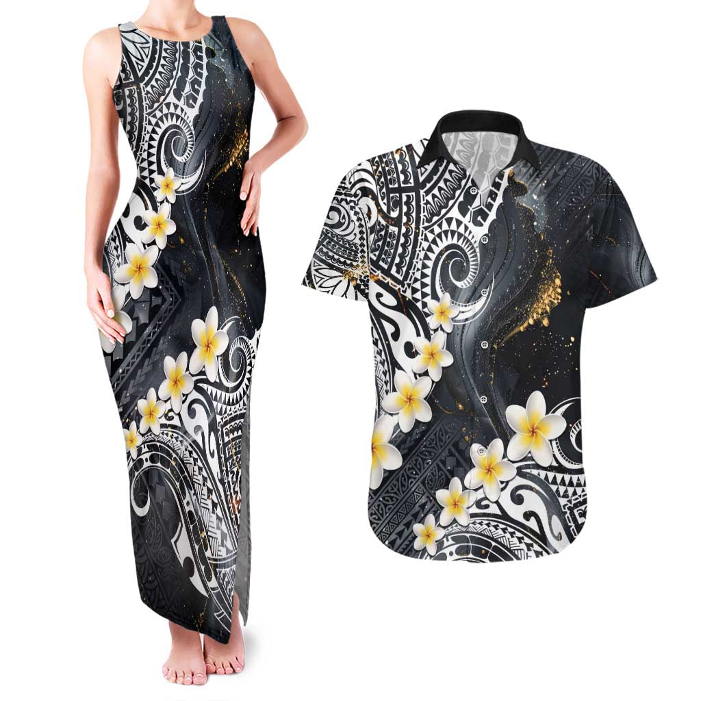 Polynesian Tribal Tattoo Couples Matching Tank Maxi Dress and Hawaiian Shirt Plumeria Black Gold Marble Pattern LT9 Black - Polynesian Pride