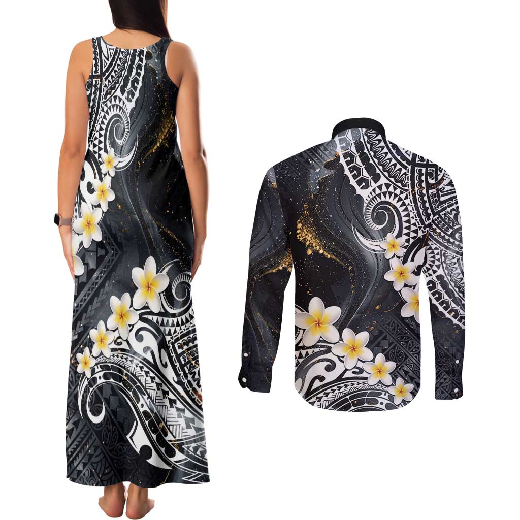 Polynesian Tribal Tattoo Couples Matching Tank Maxi Dress and Long Sleeve Button Shirt Plumeria Black Gold Marble Pattern LT9 - Polynesian Pride