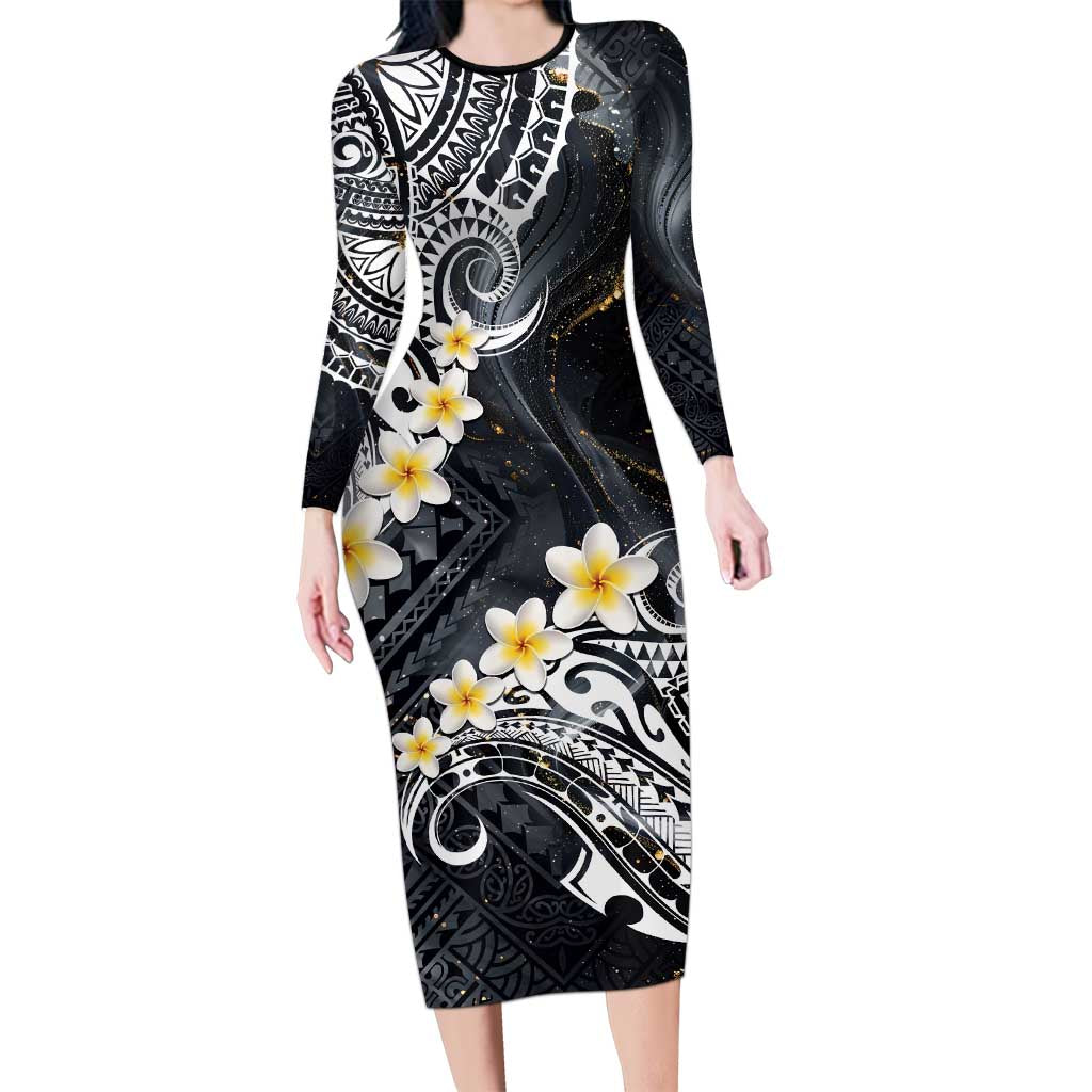 Polynesian Tribal Tattoo Family Matching Long Sleeve Bodycon Dress and Hawaiian Shirt Plumeria Black Gold Marble Pattern LT9 Mom's Dress Black - Polynesian Pride