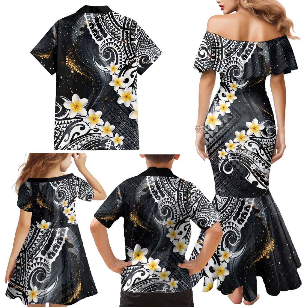 Polynesian Tribal Tattoo Family Matching Mermaid Dress and Hawaiian Shirt Plumeria Black Gold Marble Pattern LT9 - Polynesian Pride