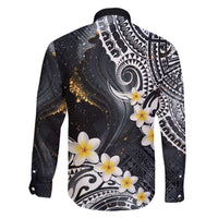 Polynesian Tribal Tattoo Family Matching Off The Shoulder Long Sleeve Dress and Hawaiian Shirt Plumeria Black Gold Marble Pattern
