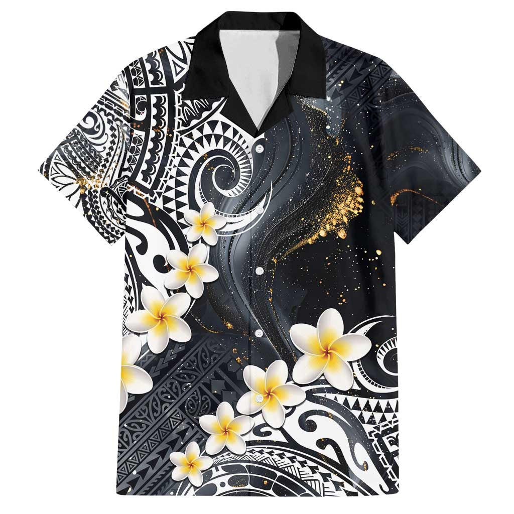 Polynesian Tribal Tattoo Family Matching Off Shoulder Maxi Dress and Hawaiian Shirt Plumeria Black Gold Marble Pattern