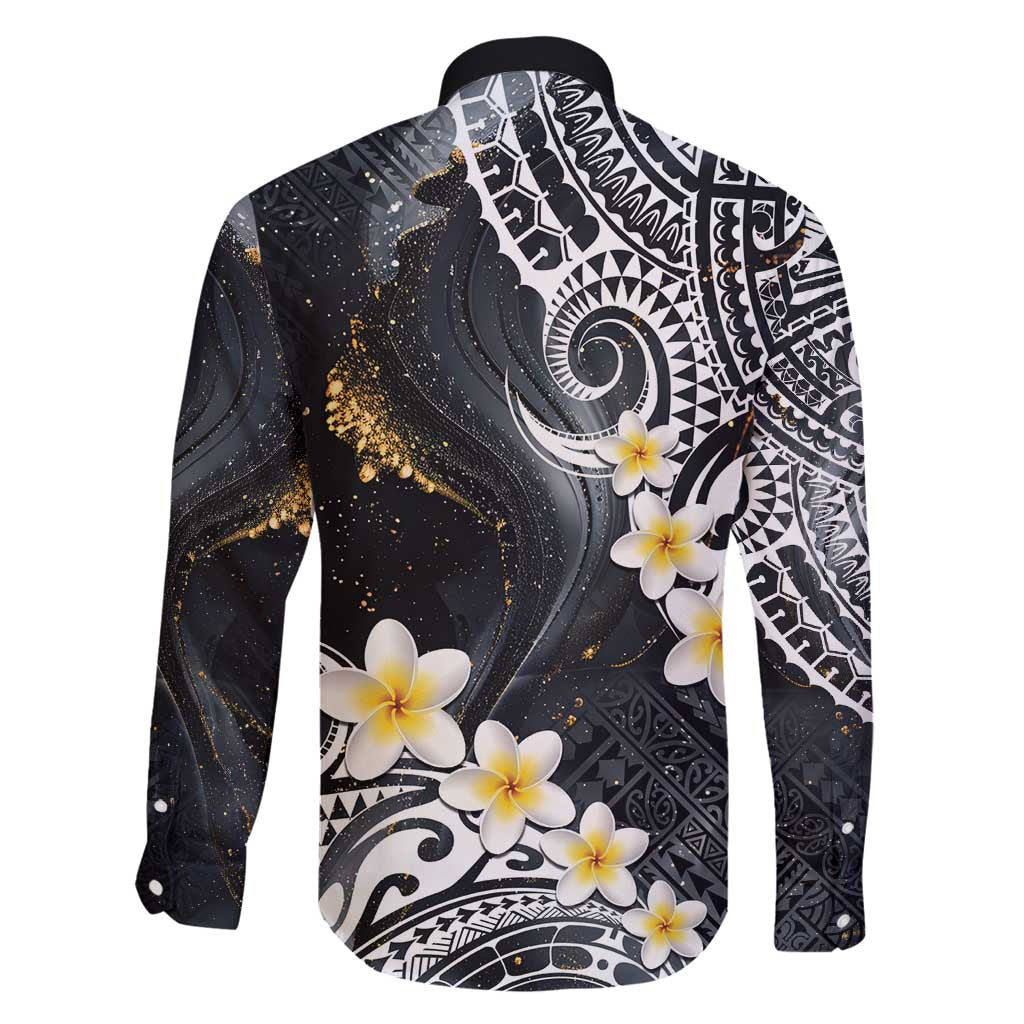 Polynesian Tribal Tattoo Family Matching Off Shoulder Maxi Dress and Hawaiian Shirt Plumeria Black Gold Marble Pattern