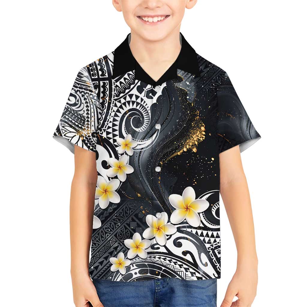 Polynesian Tribal Tattoo Family Matching Off Shoulder Maxi Dress and Hawaiian Shirt Plumeria Black Gold Marble Pattern