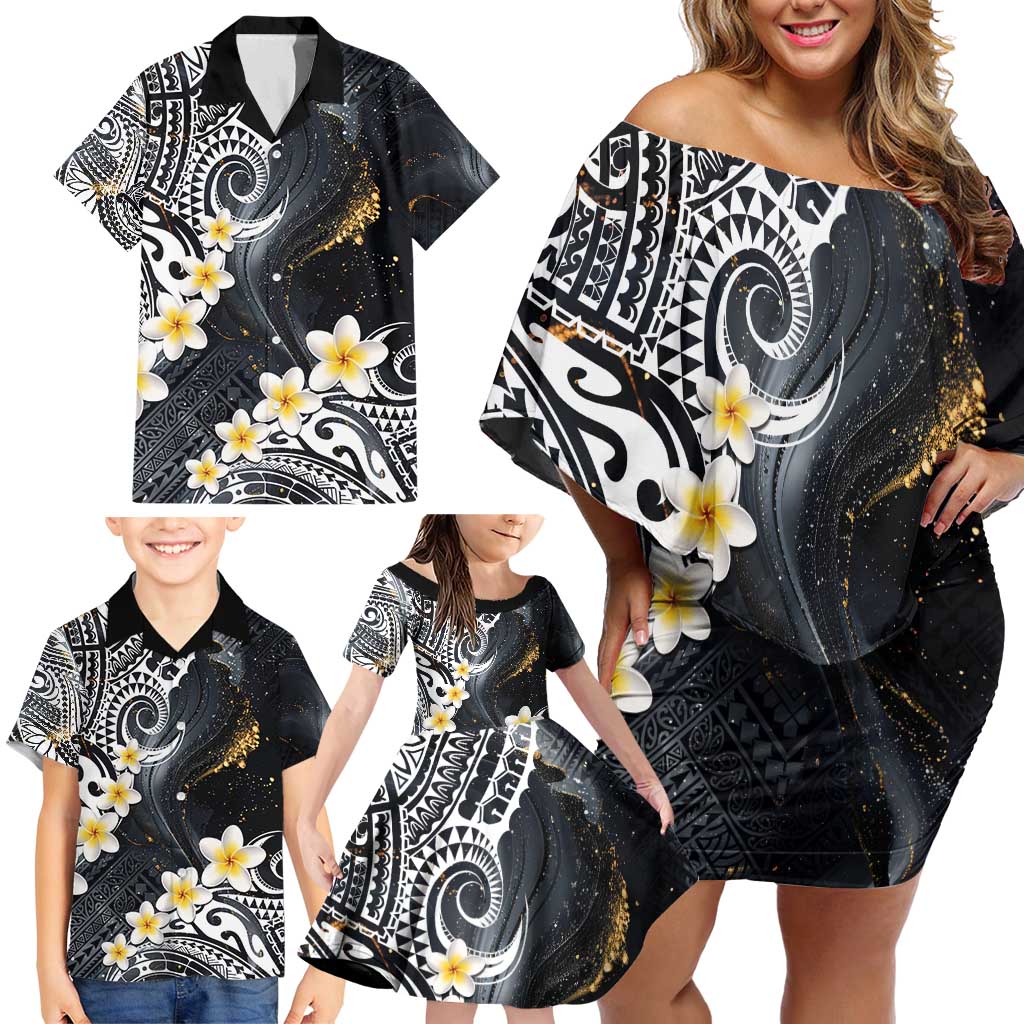 Polynesian Tribal Tattoo Family Matching Off Shoulder Short Dress and Hawaiian Shirt Plumeria Black Gold Marble Pattern