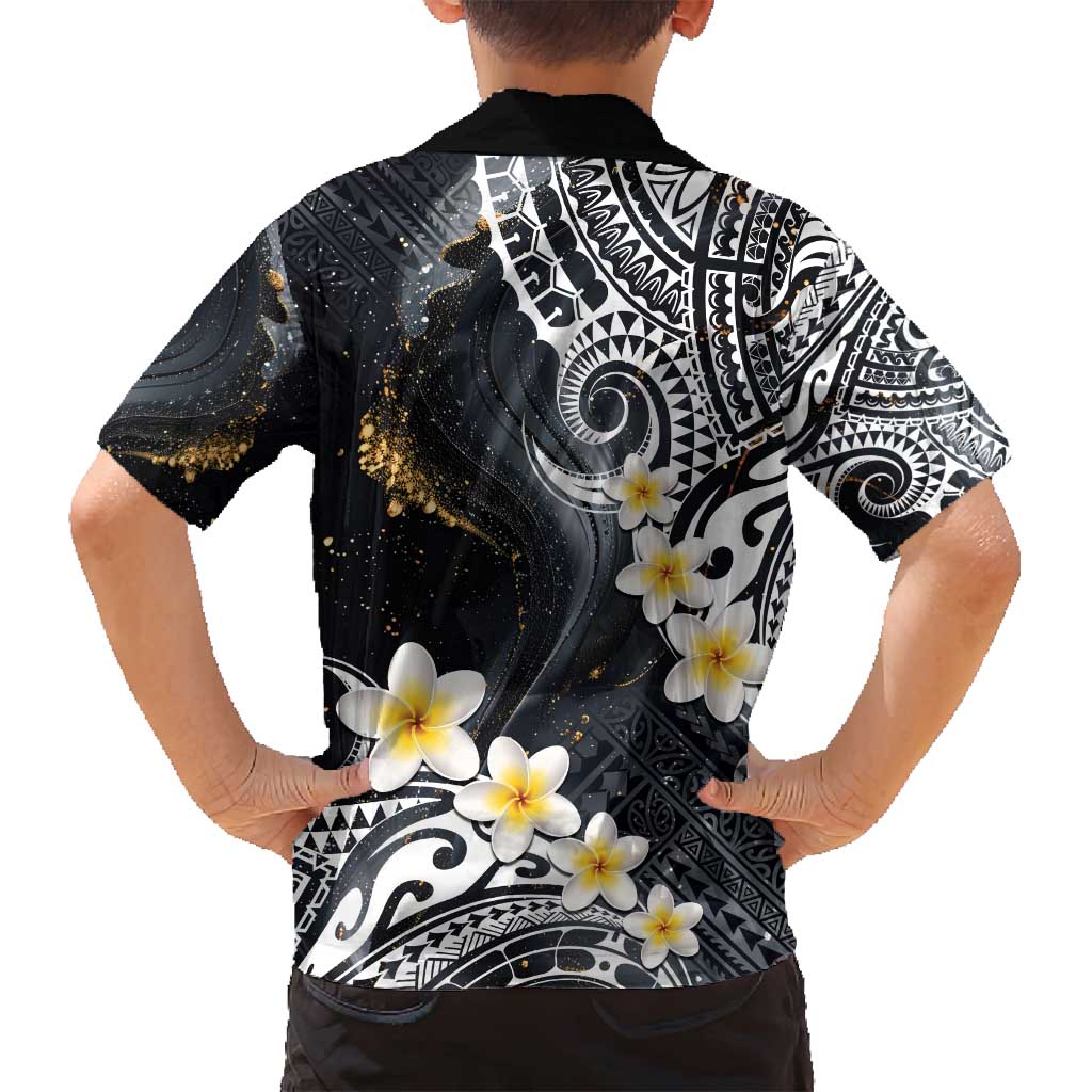 Polynesian Tribal Tattoo Family Matching Puletasi and Hawaiian Shirt Plumeria Black Gold Marble Pattern