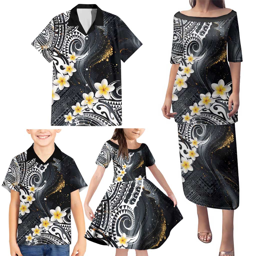 Polynesian Tribal Tattoo Family Matching Puletasi and Hawaiian Shirt Plumeria Black Gold Marble Pattern