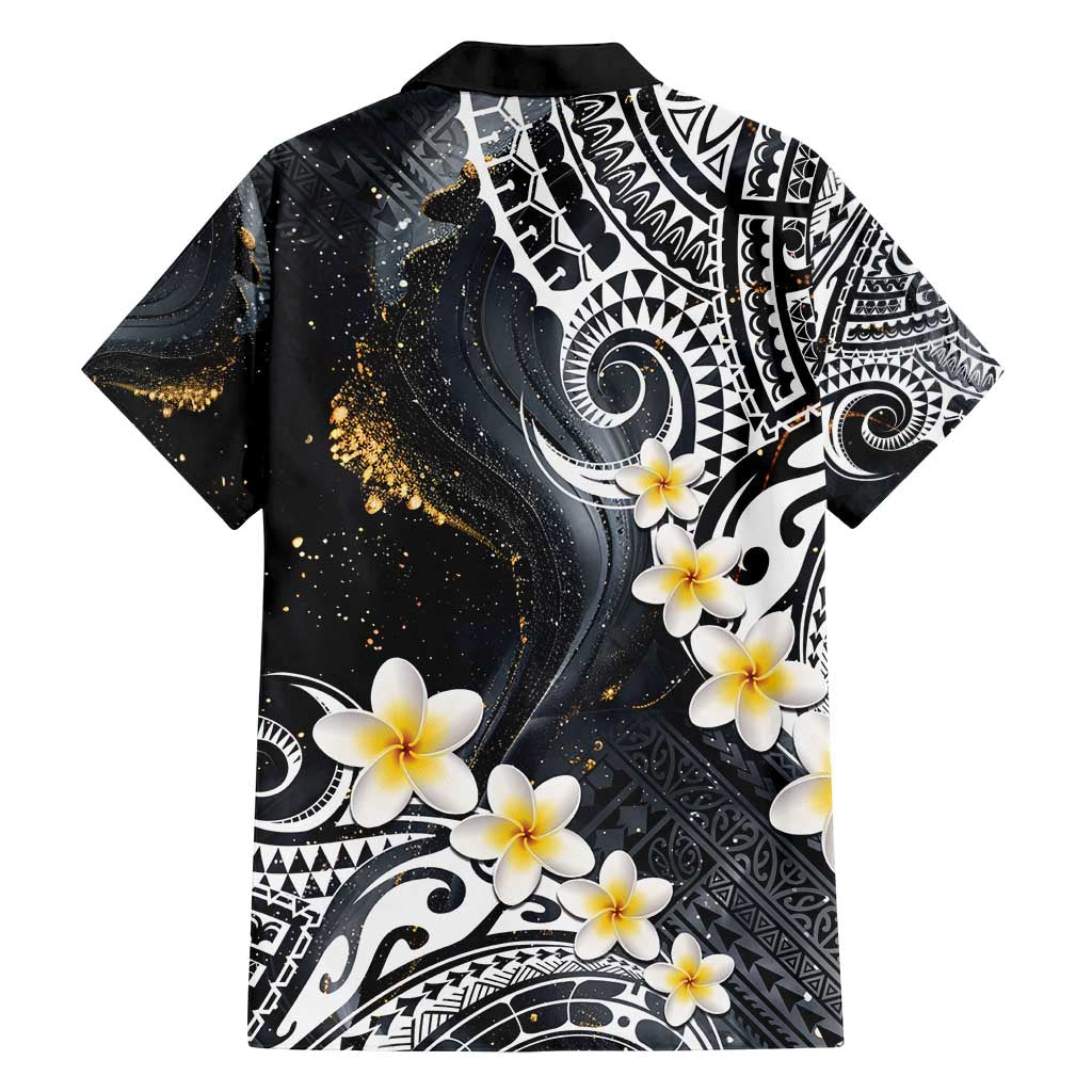 Polynesian Tribal Tattoo Family Matching Puletasi and Hawaiian Shirt Plumeria Black Gold Marble Pattern