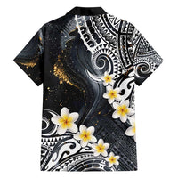 Polynesian Tribal Tattoo Family Matching Puletasi and Hawaiian Shirt Plumeria Black Gold Marble Pattern