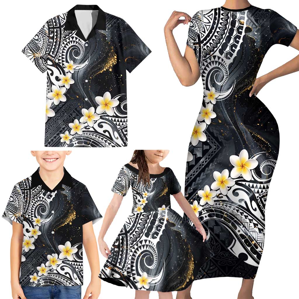 Polynesian Tribal Tattoo Family Matching Short Sleeve Bodycon Dress and Hawaiian Shirt Plumeria Black Gold Marble Pattern LT9 - Polynesian Pride