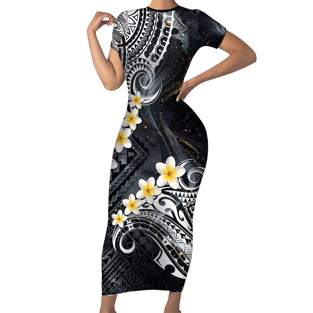 Polynesian Tribal Tattoo Family Matching Short Sleeve Bodycon Dress and Hawaiian Shirt Plumeria Black Gold Marble Pattern LT9 Mom's Dress Black - Polynesian Pride