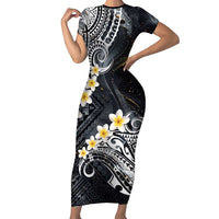 Polynesian Tribal Tattoo Family Matching Short Sleeve Bodycon Dress and Hawaiian Shirt Plumeria Black Gold Marble Pattern LT9 Mom's Dress Black - Polynesian Pride